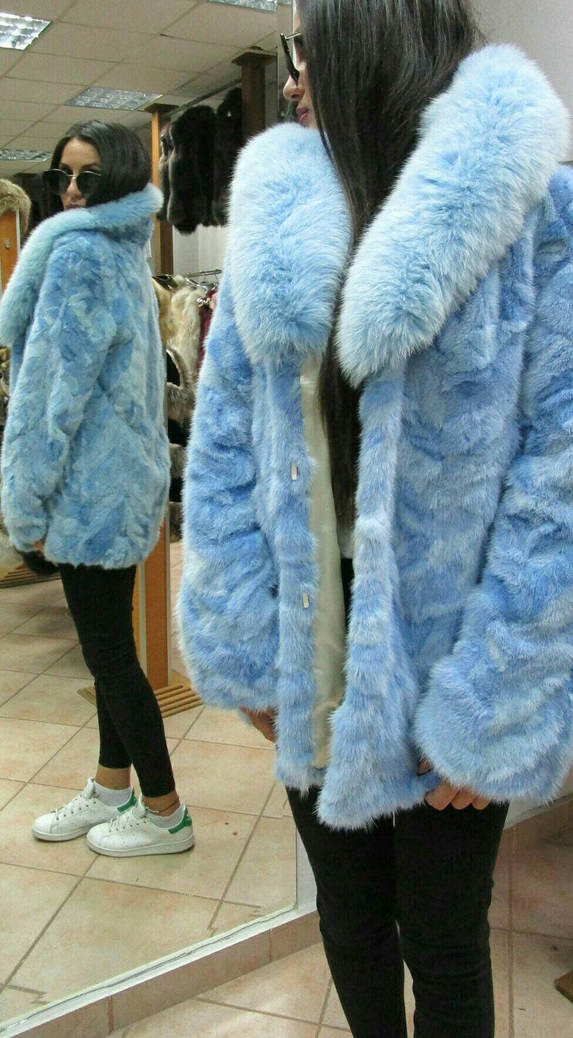 New Natural Real LIGHT BLUE MINK fur coat with Fox! Order Any color!