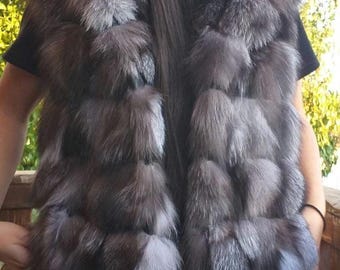LONG HOODED Silver Fox Fur Vest!Brand New Real Natural Genuine Fur
