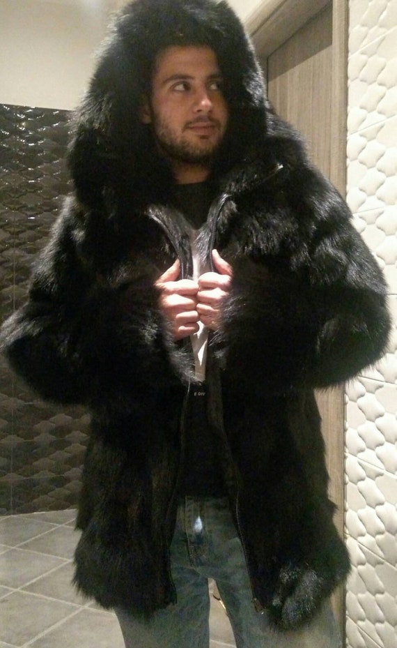 Men S Basic Blacknew Real Black Fox Fur Hooded Coat Men S Basic Blacknew Real Black Fox Fur, Black Fox Fur Hooded Coat Mens