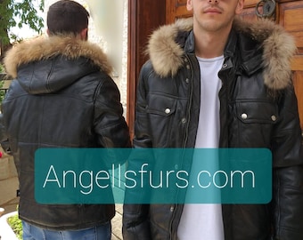 MEN'S New Real Natural Black LEATHER jacket with Detachable HOOD!