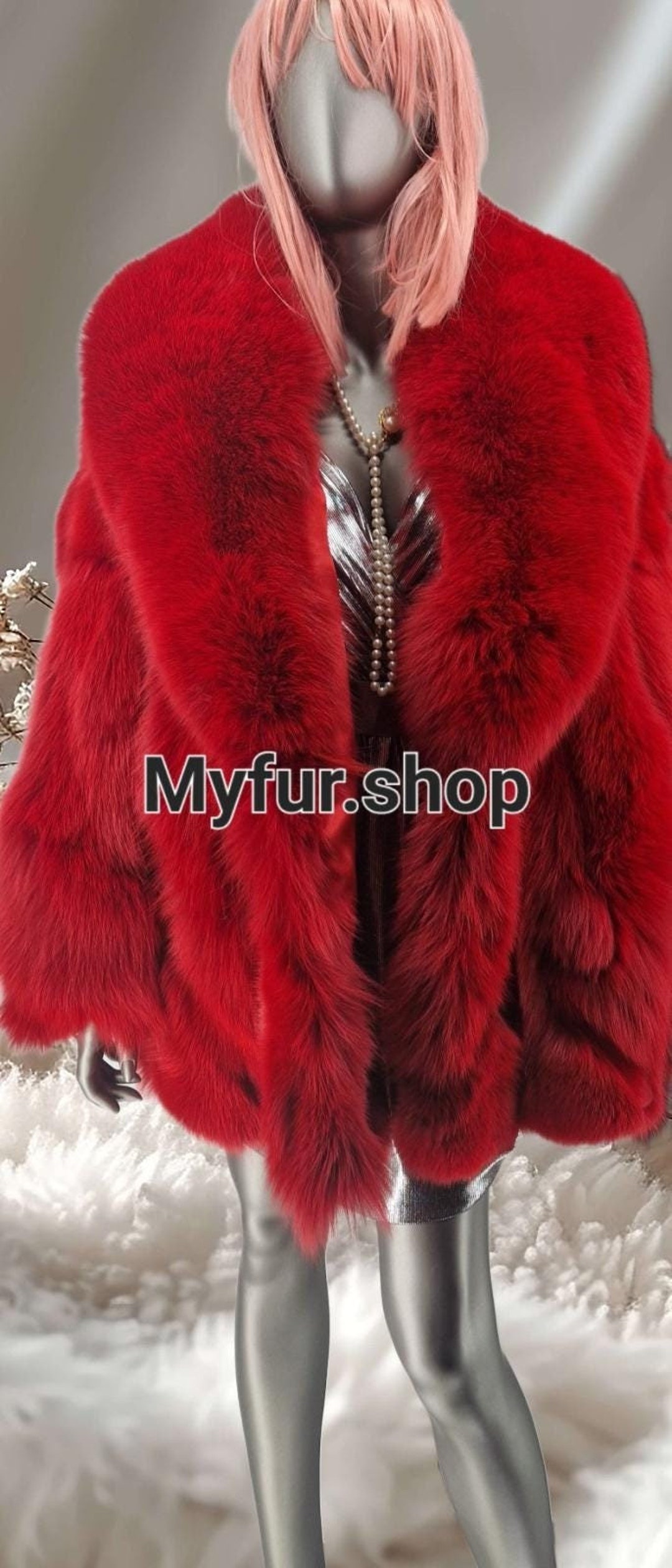 レッドカラーのフォックスファーコート！新品本物の天然本毛皮