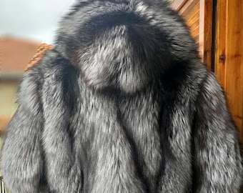 MEN'S HOODED Fullpelts SILVER  Fox Fur Coat!Brand New Real Natural Genuine Fur!