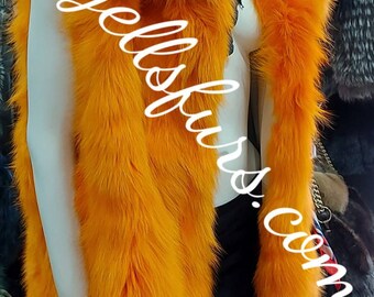 HOODED ORANGE FOX Fur long Vest!Amazing Fluffy Brand New Real Natural Genuine Fur!
