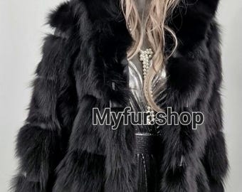 HOODED BLACK FOX Fur!Brand New Real Natural Genuine Fur!
