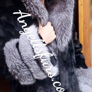 NEW!Natural Real Hooded MINK Fur Coat with Silver Fox!