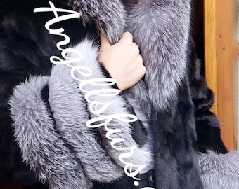 NEW!Natural Real Hooded MINK Fur Coat with Silver Fox!