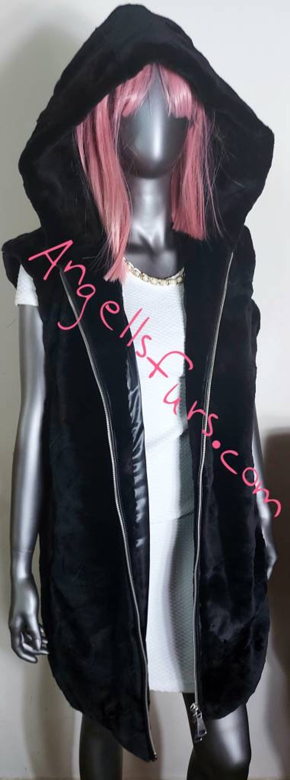 フード付きロングシアードミンクファーベスト！新品本物の天然本毛皮