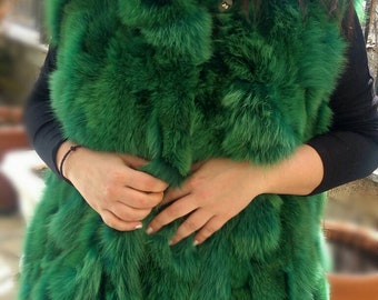 Bright GREEN FOX Fur Vest!Brand New Real Natural Genuine Fur!