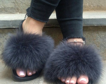 FOX Fur SLIDES!Order Any color!Brand New Real Natural Genuine Fur!