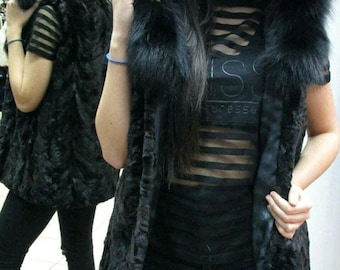 HOODED MINK VEST with Fox!Brand New Real Natural Genuine Fur!