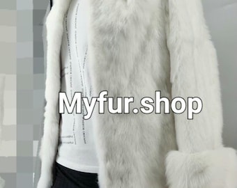 MEN'S WHITE HOODED Rabbit fur coat!Brand New Real Natural Genuine Fur!