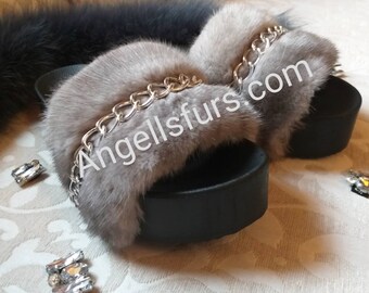 MINK FUR FLATFORMS with Stylish chain!Brand New Real Natural Genuine Fur!