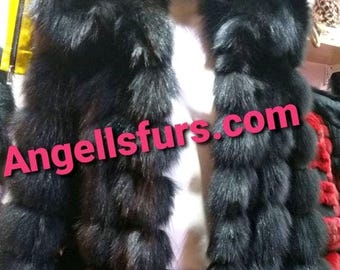 HOODED BLACK FOX Fur jacket!Brand New Real Natural Genuine Fur