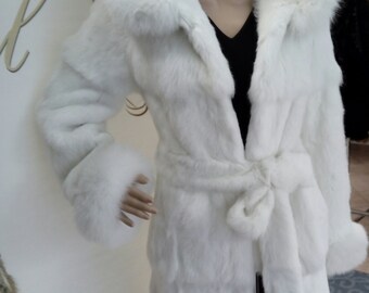 HOODED WHITE RABBIT Fur Coat With Fox!order Any Color!brand
