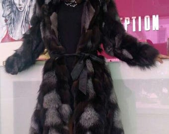 SILVER FOX HOODED Fur Coat!Brand New Real Natural Genuine Fur!