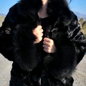 Black Mink Fur Jacket with Black Fox collar and cuffs!Brand New Real Natural Genuine Fur