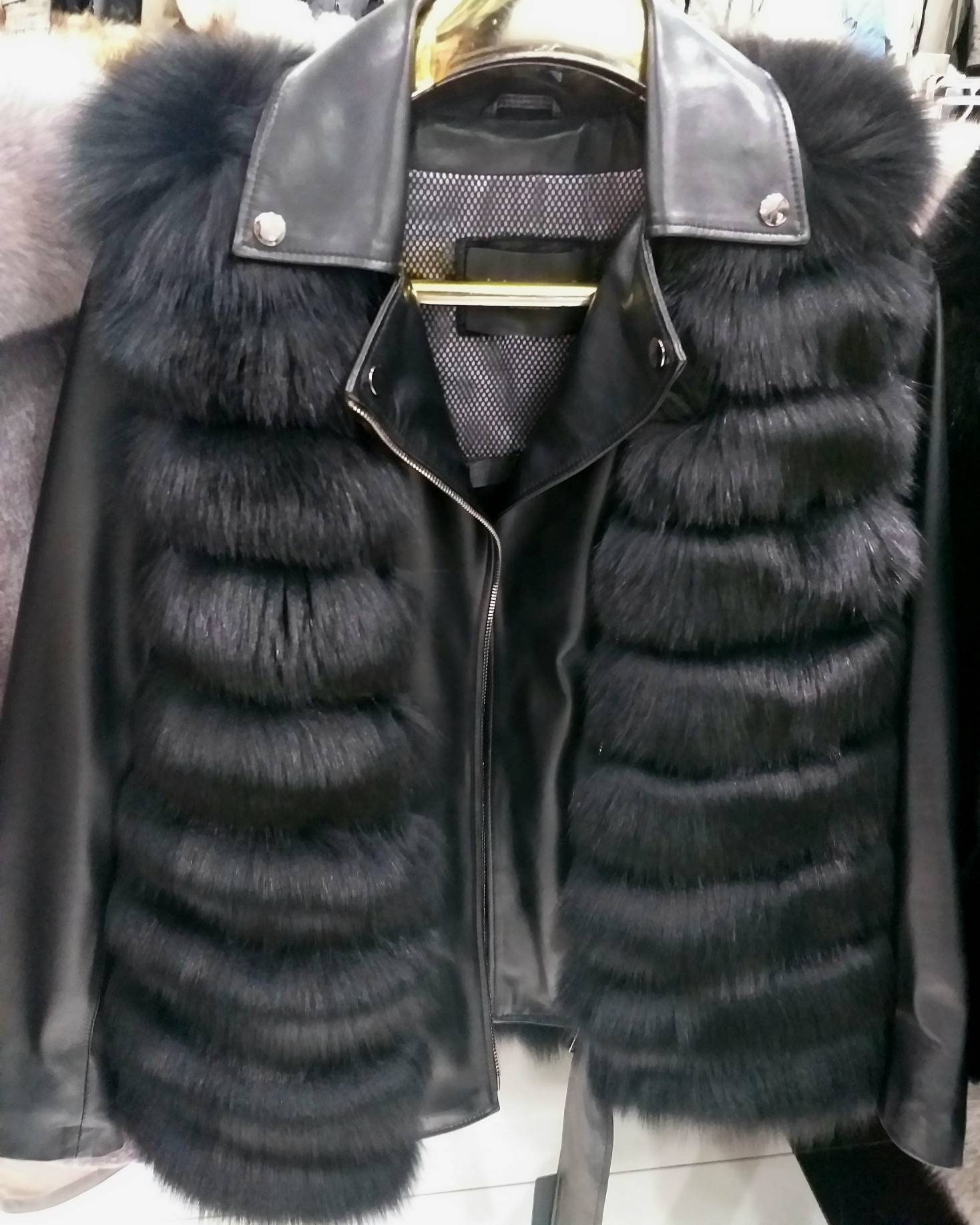 New,Natural, Real Modern model Black Fox Fur Leather jacket!