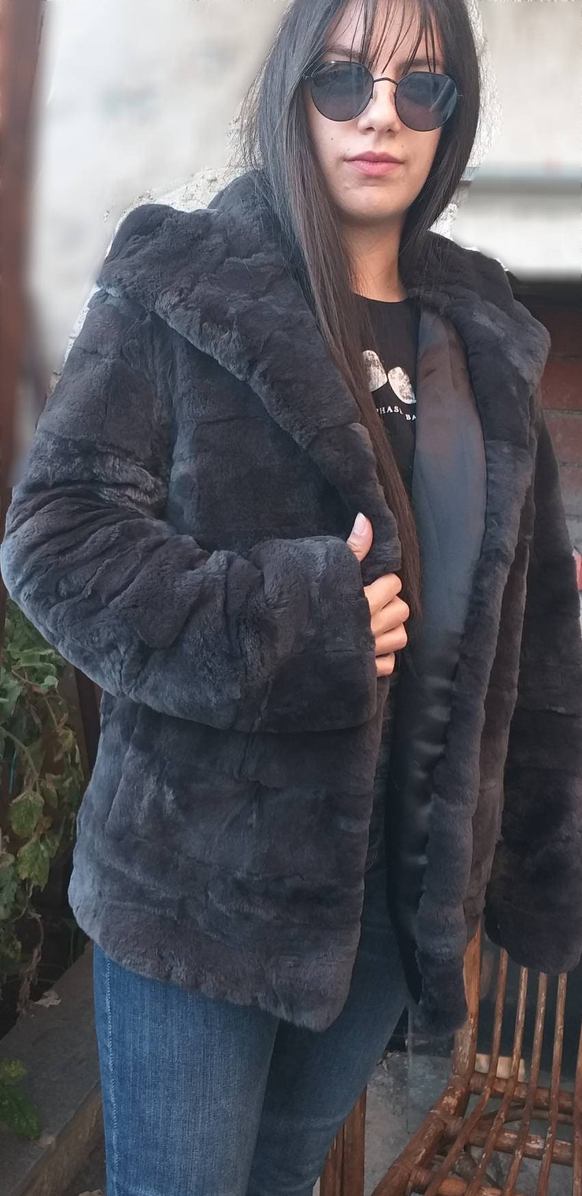NEW in!Natural Real Beautiful Graphite color HOODED REX fur coat!