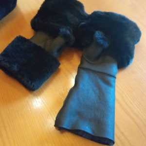 LONG Black Sheepskin GLOVES with Rex fur in black or Any color you like!