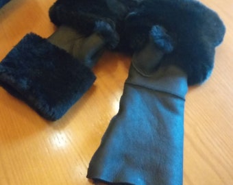 LONG Black Sheepskin GLOVES with Rex fur in black or Any color you like!