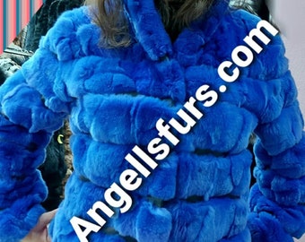 NEW Natural Real REX Fur Bright electric Blue color jacket! Order Any Color!
