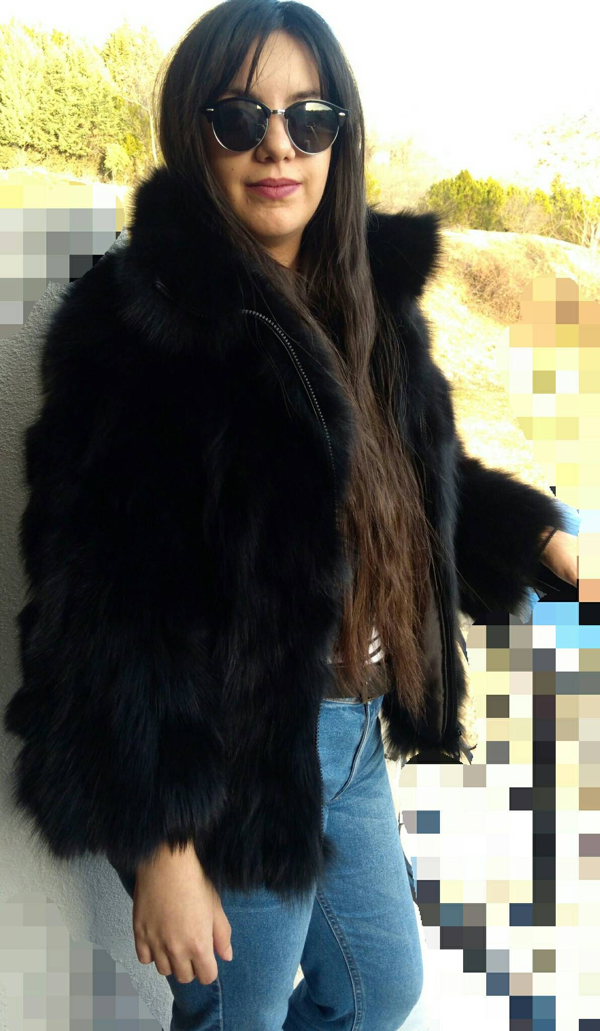 BASIC BLACK!New,Natural, Real Modern Fox Fur Jacket!