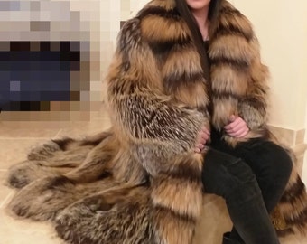 CROSS FOX FUR Coat!Brand New Real Natural Genuine Fur!