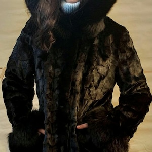 Hooded Mink Fur Coat with Black Fox trims!Brand New Real Natural Genuine Fur