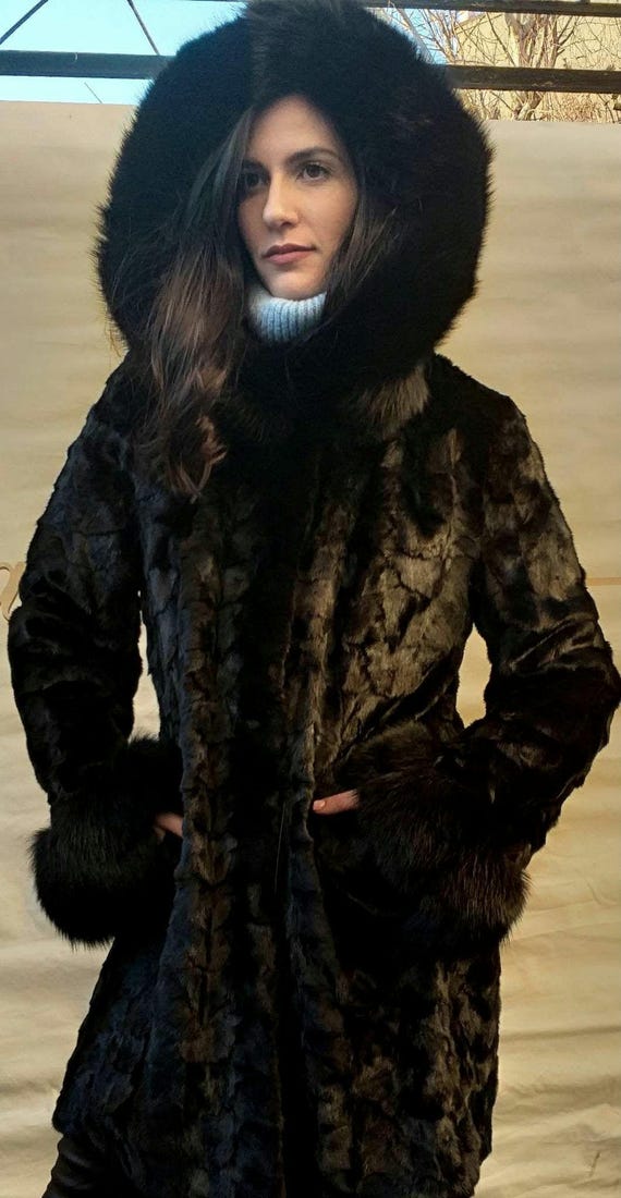 Hooded Mink Fur Coat with Black Fox trims!Brand New Real Natural Genuine Fur