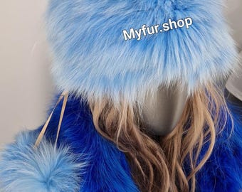 Light Blue FOX FUR HAT,one size!Brand New Real Natural Genuine Fur!