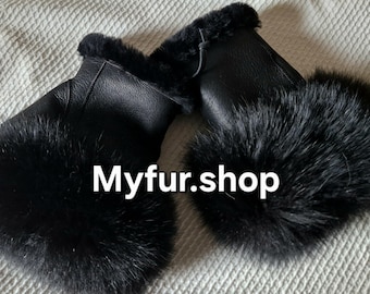 TWO PAIRS Sheepskin short GLOVES with Fox trim!Brand New Real Natural Genuine Fur