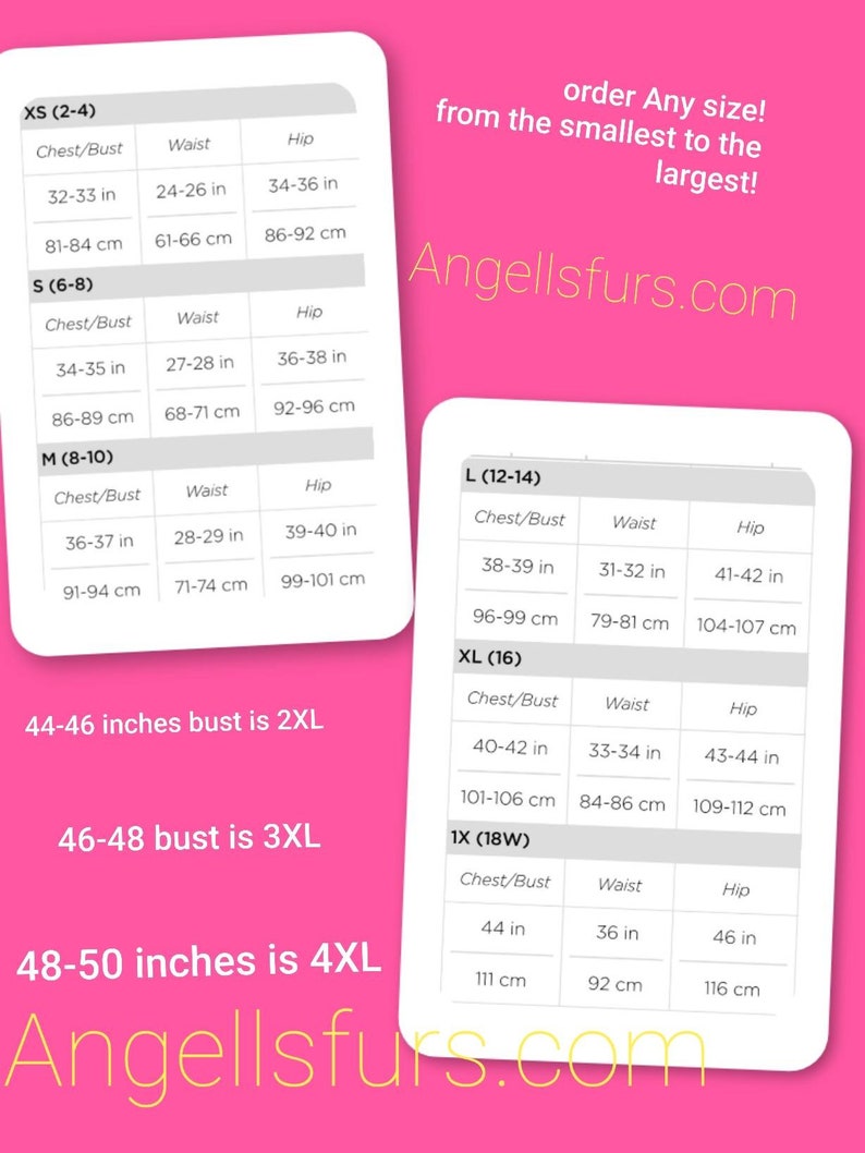 May include: Size chart for women's clothing with measurements in inches and centimeters. The chart includes sizes XS, S, M, L, XL, 1X, and bust measurements for each size. The chart also includes the corresponding bust size in inches for 2XL, 3XL, and 4XL.