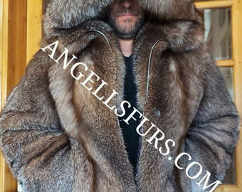 MEN'S HOODED CRYSTAL Fox Jacket!Brand New Real Natural Genuine Fur!