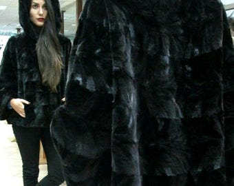 HOODED MINK Fur CAPE,One size!Brand New Real Natural Genuine Fur!