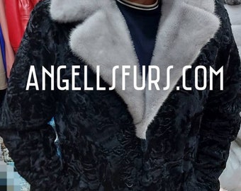 MEN'S ASTRAKHAN FULLPELT Coat with Mink collar!Brand New Real Natural Genuine Fur!