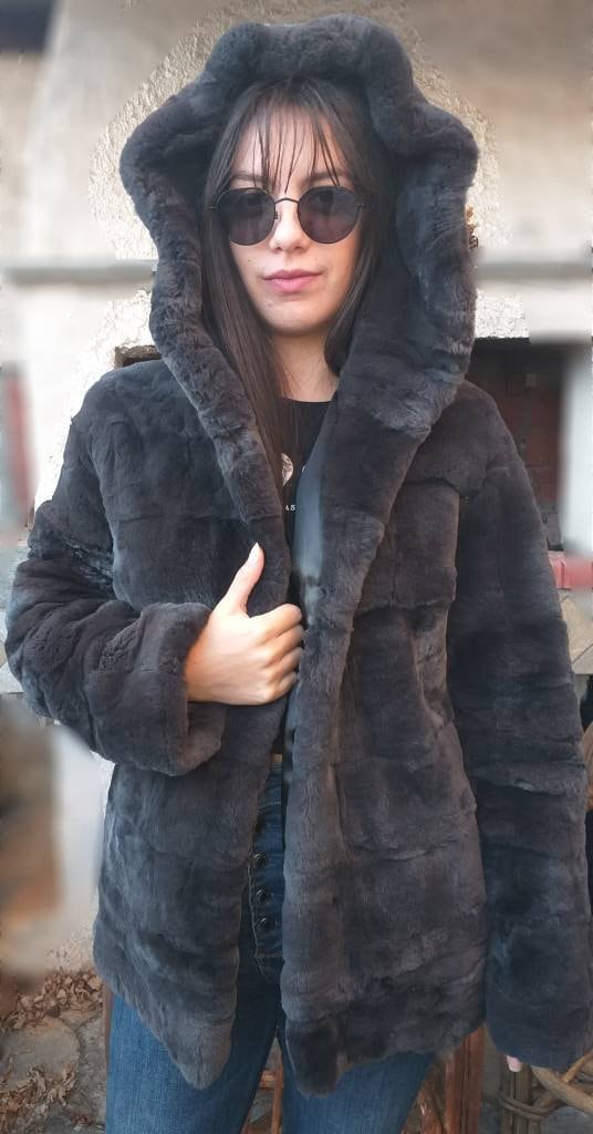 NEW in!Natural Real Beautiful Graphite color HOODED REX fur coat!