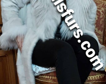 LONG MINK Fur Coat And FOX Hood!Brand New Real Natural Genuine Fur!