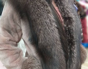 New!Natural Real Superior Quality FULLSKINS Sheared Dark NUDE MINK Fur jacket with Full Fox!