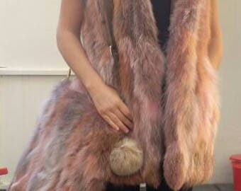 HOODED LONG Colored FOX Fur Vest!Brand New Real Natural Genuine Fur!