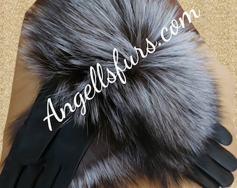 BLACK LEATHER and SILVER Fox Gloves!Brand New Real Natural Genuine Fur!