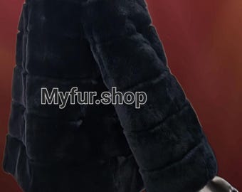 BLACK REX Wide style Jacket!Brand New Real Natural Genuine Fur
