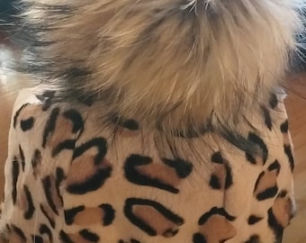 New!Natural,Real Fur Animal print Jockey style HAT with raccoon pom on top!