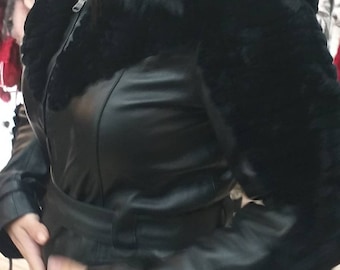 New!Natural Real Sexy model Black Leather Jacket with Fox collar!