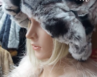 BUCKET REX FUR Hat in Beautiful chinchilla colors!Brand New Real Natural Genuine Fur!