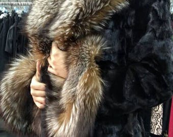 MINK Fur Coat with CRYSTAL FOX!Order Any color!Brand New Real Natural Genuine Fur!