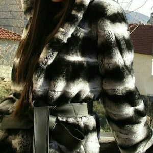 HOODED REX Fur jacket in chinchila color!Brand New Real Natural Genuine Fur