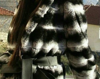 HOODED REX Fur jacket in chinchila color!Brand New Real Natural Genuine Fur