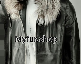 MEN'S New Real Natural Black LEATHER jacket with Detachable HOOD!