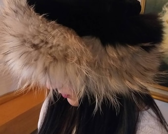 Sheared Black Noutria Fur HAT with Black fox and Finn Raccoon trims!Brand New Real Natural Genuine Fur!
