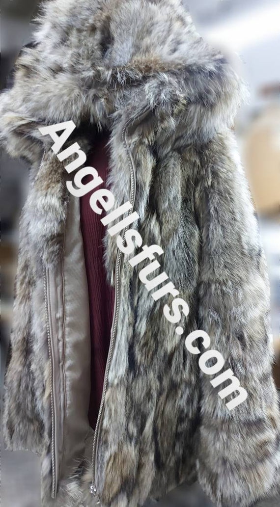 MEN'S COYOTE HOODED Fur Coat With Detachable Hoodbrand New Real